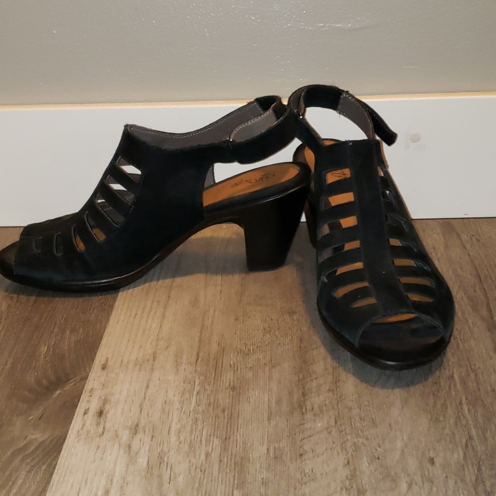 Black Cutout Suede Heeled Sandals with Ankle Strap